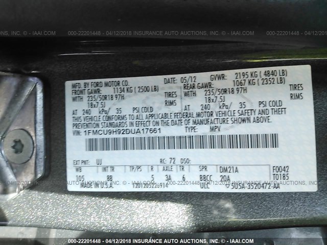 1FMCU9H92DUA17661 - 2013 FORD ESCAPE SEL GRAY photo 9