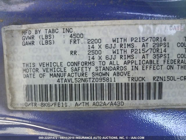 4TAVL52N6TZ095811 - 1996 TOYOTA TACOMA XTRACAB BLUE photo 9