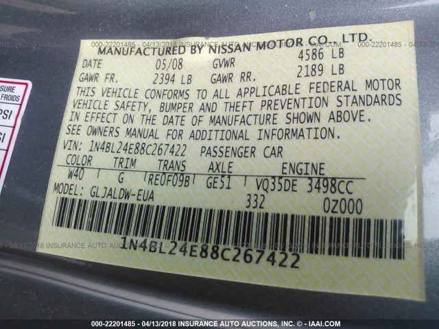 1N4BL24E88C267422 - 2008 NISSAN ALTIMA 3.5SE GRAY photo 9