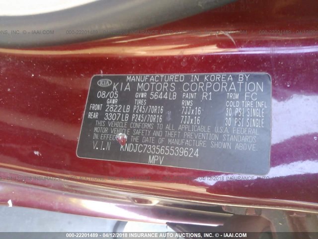 KNDJC733565539624 - 2006 KIA SORENTO EX/LX RED photo 9