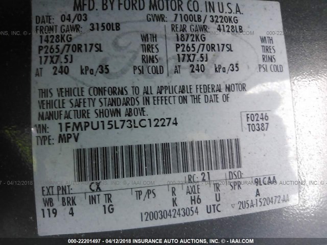 1FMPU15L73LC12274 - 2003 FORD EXPEDITION XLT GRAY photo 9