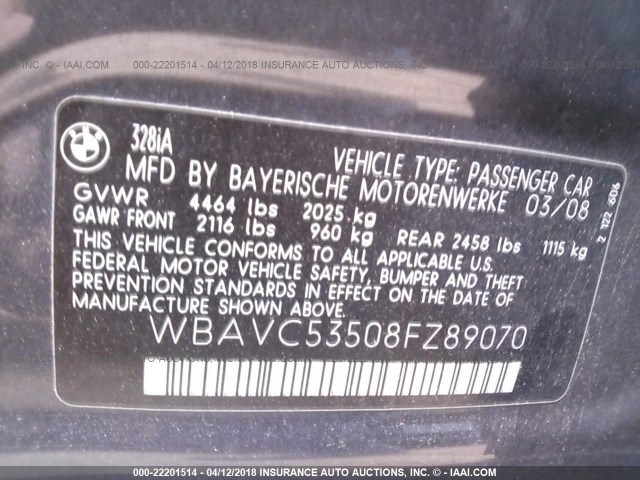 WBAVC53508FZ89070 - 2008 BMW 328 I SULEV GRAY photo 9