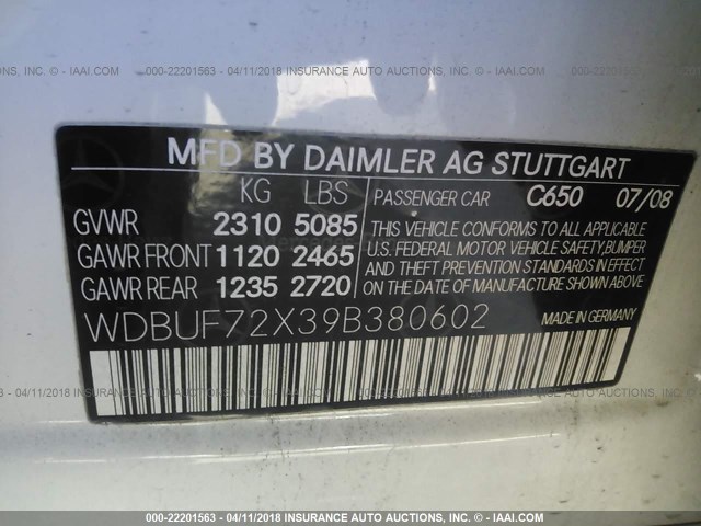 WDBUF72X39B380602 - 2009 MERCEDES-BENZ E 550 WHITE photo 9