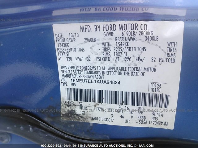 1FMEU7EE1AUA94824 - 2010 FORD EXPLORER EDDIE BAUER BLUE photo 9