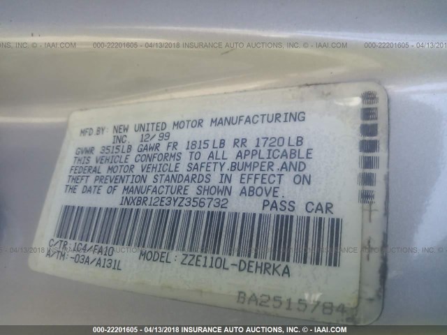 1NXBR12E3YZ356732 - 2000 TOYOTA COROLLA VE/CE/LE SILVER photo 9