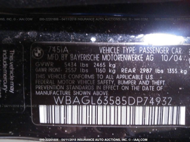 WBAGL63585DP74932 - 2005 BMW 745 I BLACK photo 9