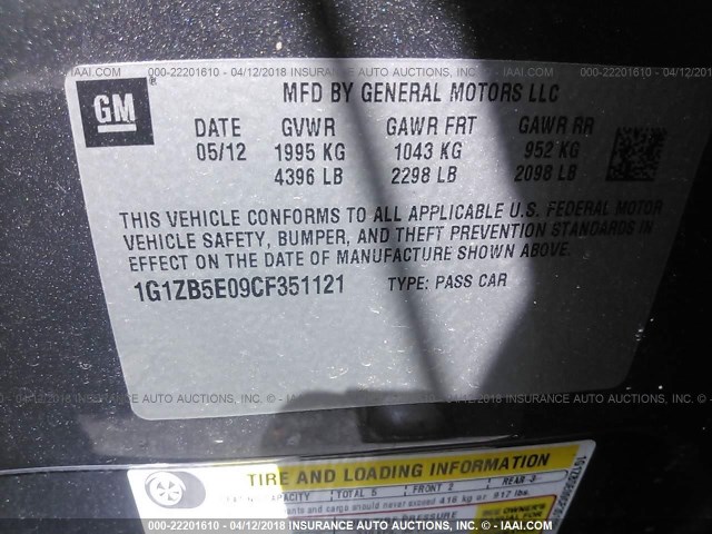 1G1ZB5E09CF351121 - 2012 CHEVROLET MALIBU LS GRAY photo 9