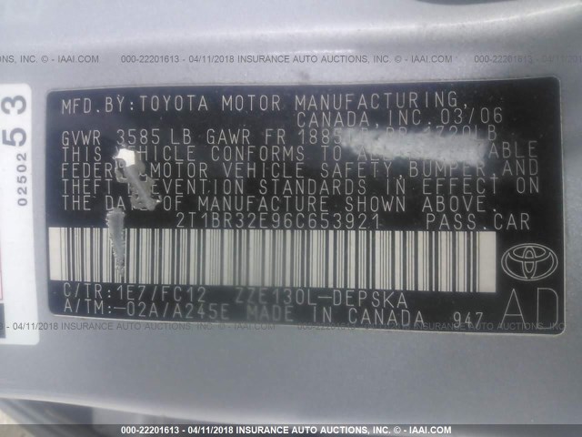 2T1BR32E96C653921 - 2006 TOYOTA COROLLA CE/LE/S GRAY photo 9