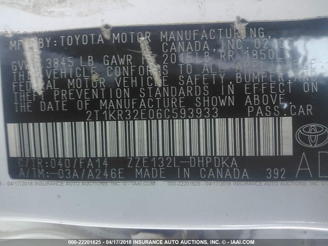 2T1KR32E06C593933 - 2006 TOYOTA COROLLA MATRIX XR WHITE photo 9