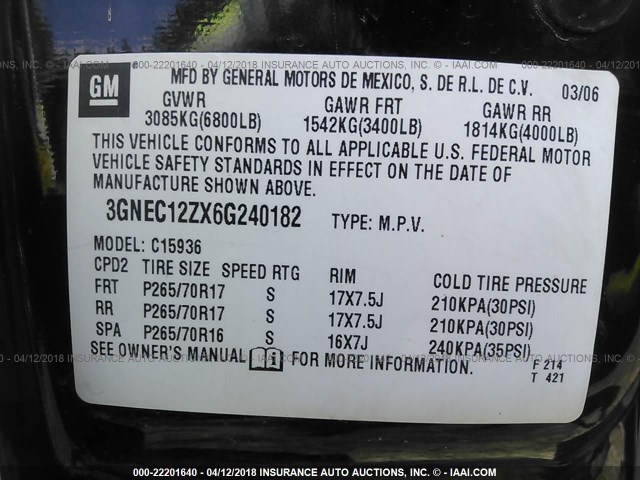 3GNEC12ZX6G240182 - 2006 CHEVROLET AVALANCHE C1500 BLACK photo 9