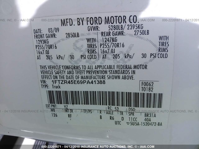 1FTZR45E69PA41388 - 2009 FORD RANGER SUPER CAB WHITE photo 9