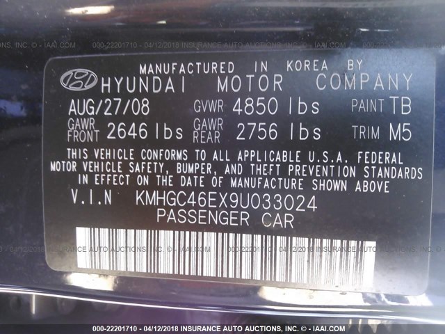 KMHGC46EX9U033024 - 2009 HYUNDAI GENESIS 3.8L BLACK photo 9