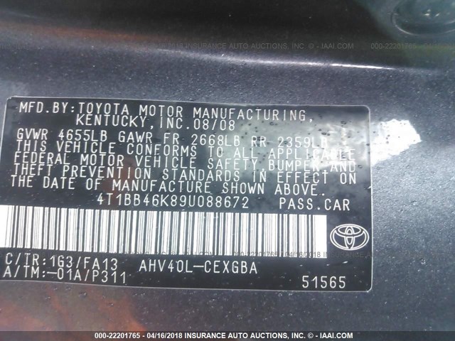 4T1BB46K89U088672 - 2009 TOYOTA CAMRY HYBRID GRAY photo 9