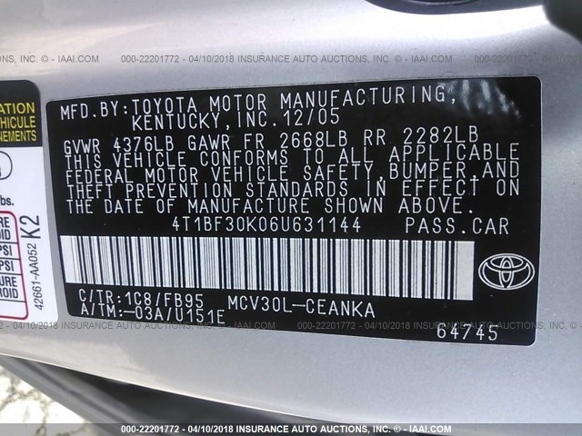 4T1BF30K06U631144 - 2006 TOYOTA CAMRY LE/XLE/SE ვერცხლისფერი ფოტო 9