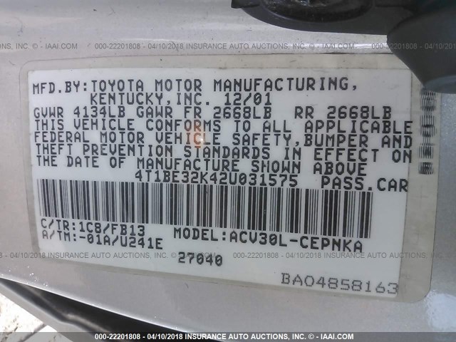 4T1BE32K42U031575 - 2002 TOYOTA CAMRY LE/XLE/SE SILVER photo 9