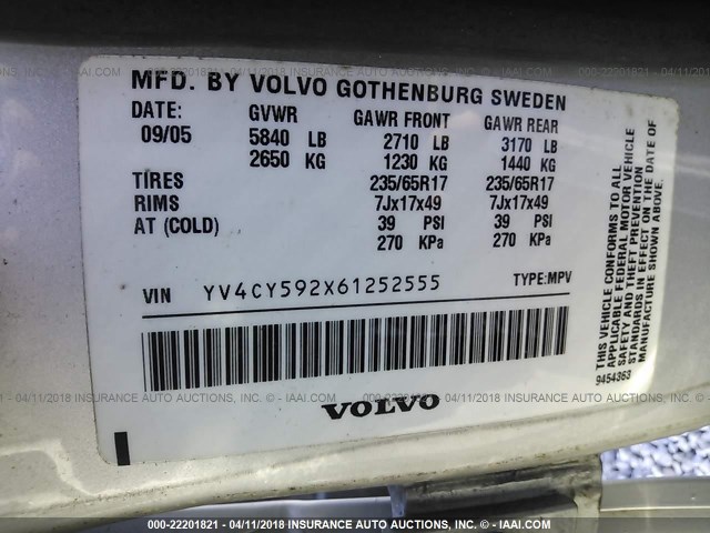 YV4CY592X61252555 - 2006 VOLVO XC90 SILVER photo 9