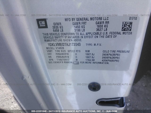 1GKLVMED7AJ172043 - 2010 GMC ACADIA SLT-1 Srebrny zdjęcie 9