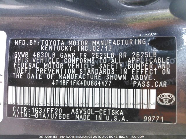 4T1BF1FK4DU664477 - 2013 TOYOTA CAMRY L/SE/LE/XLE 灰色 照片 9