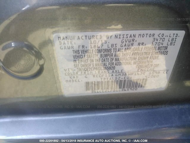 3N1CE2CP8GL365920 - 2016 NISSAN VERSA NOTE S/S PLUS/SV/SL/SR GRAY photo 9