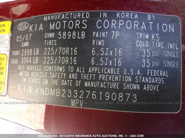 KNDMB233276190873 - 2007 KIA SEDONA EX/LX RED photo 9