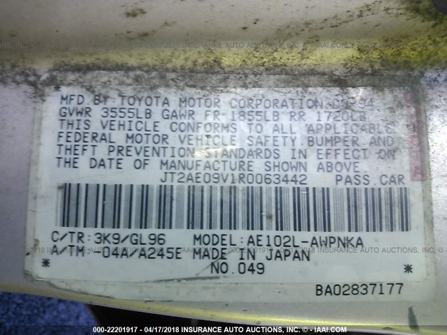 JT2AE09V1R0063442 - 1994 TOYOTA COROLLA DX TAN photo 9