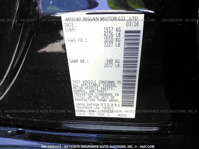 1N4AL3AP4GN355331 - 2016 NISSAN ALTIMA 2.5/S/SV/SL/SR BLACK photo 9