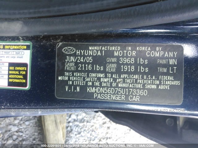 KMHDN56D75U173360 - 2005 HYUNDAI ELANTRA GLS/GT BLUE photo 9