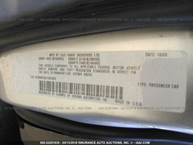 4S3BH675647625229 - 2004 SUBARU LEGACY OUTBACK AWP 银色 照片 9