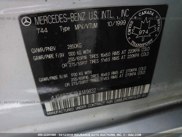 4JGAB72E7YA149832 - 2000 MERCEDES-BENZ ML 430 灰色 照片 9