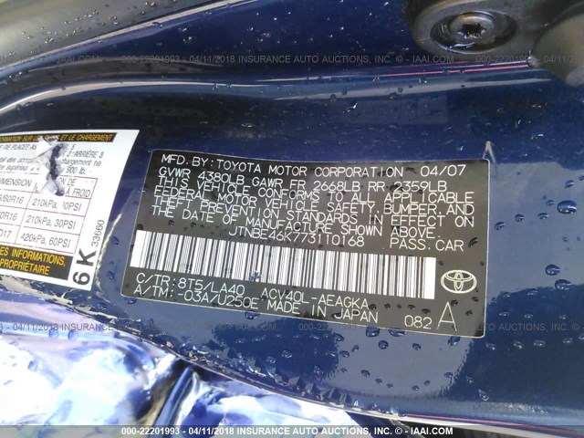 JTNBE46K773110168 - 2007 TOYOTA CAMRY NEW GENERATION CE/LE/XLE/SE BLUE photo 9