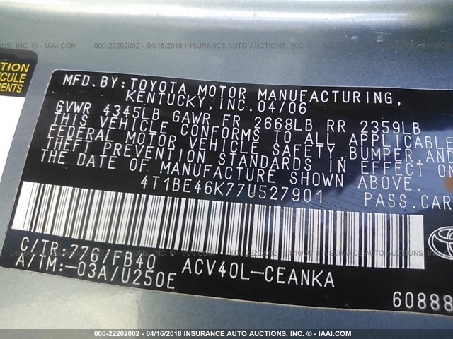 4T1BE46K77U527901 - 2007 TOYOTA CAMRY NEW GENERAT CE/LE/XLE/SE GREEN photo 9