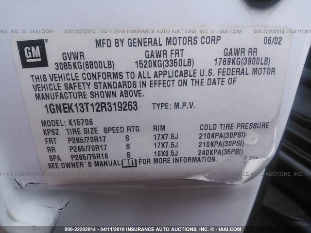 1GNEK13T12R319263 - 2002 CHEVROLET TAHOE K1500 WHITE photo 9