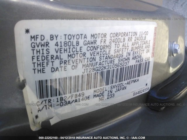 JT2BG22K310565237 - 2001 TOYOTA CAMRY CE/LE/XLE GOLD photo 9