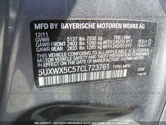 5UXWX5C57CL723761 - 2012 BMW X3 XDRIVE28I GRAY photo 9
