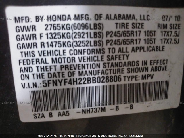 5FNYF4H22BB028806 - 2011 HONDA PILOT LX GRAY photo 9