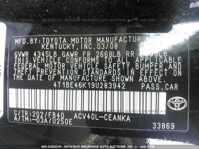 4T1BE46K19U283942 - 2009 TOYOTA CAMRY SE/LE/XLE 黑色 照片 9