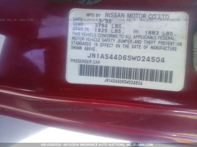 JN1AS44D6SW024504 - 1995 NISSAN 240SX SE RED photo 9