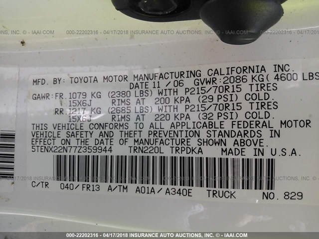 5TENX22N77Z359944 - 2007 TOYOTA TACOMA WHITE photo 9