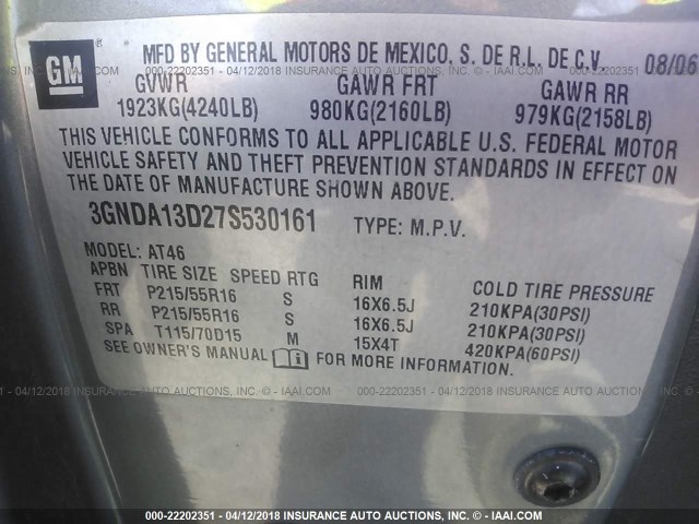 3GNDA13D27S530161 - 2007 CHEVROLET HHR LS GRAY photo 9