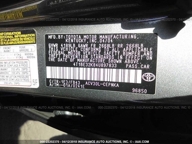 4T1BE32K84U897833 - 2004 TOYOTA CAMRY LE/XLE/SE GRAY photo 9