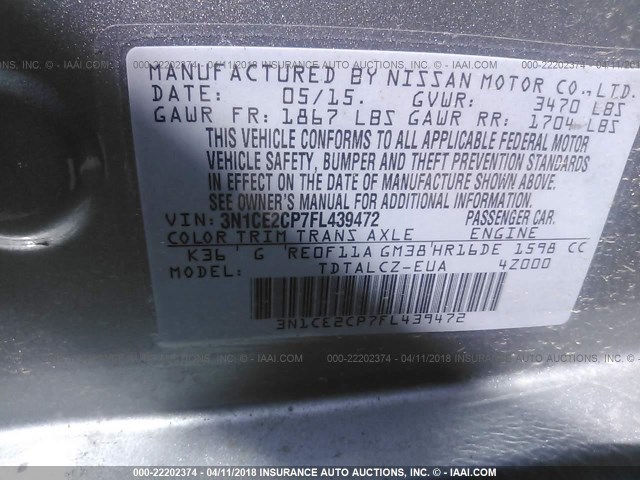3N1CE2CP7FL439472 - 2015 NISSAN VERSA NOTE S/S PLUS/SV/SL/SR GRAY photo 9