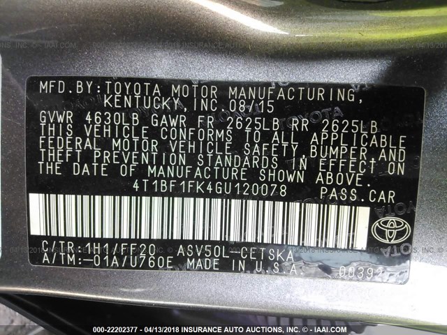 4T1BF1FK4GU120078 - 2016 TOYOTA CAMRY LE/XLE/SE/XSE GRAY photo 9