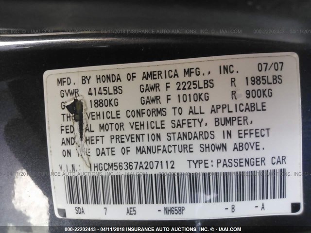 1HGCM56367A207112 - 2007 HONDA ACCORD SE GRAY photo 9