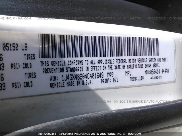 1J4GX48S04C401649 - 2004 JEEP GRAND CHEROKEE LAREDO/COLUMBIA/FREEDOM 白色 照片 9