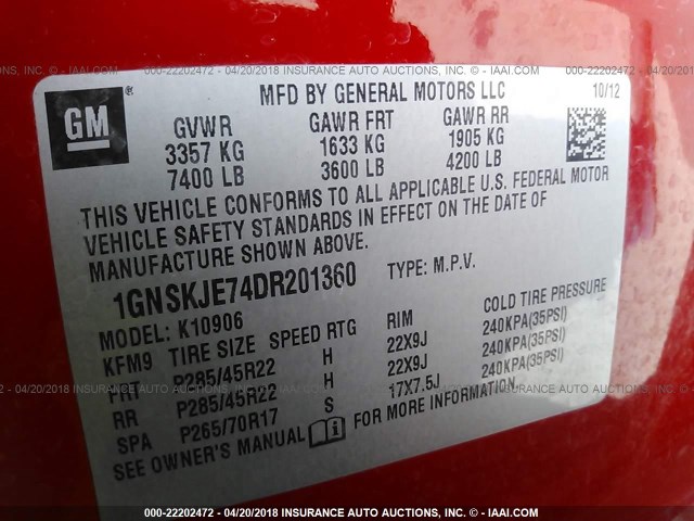 1GNSKJE74DR201360 - 2013 CHEVROLET SUBURBAN K1500 LT RED photo 9