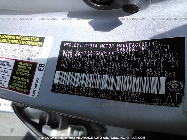 2T1BU4EE7BC692453 - 2011 TOYOTA COROLLA S/LE SILVER photo 9