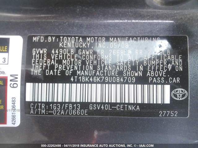 4T1BK46K79U084709 - 2009 TOYOTA CAMRY SE/LE/XLE Серый фото 9