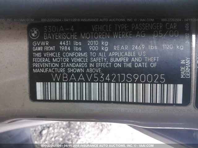 WBAAV53421JS90025 - 2001 BMW 330 I TAN photo 9