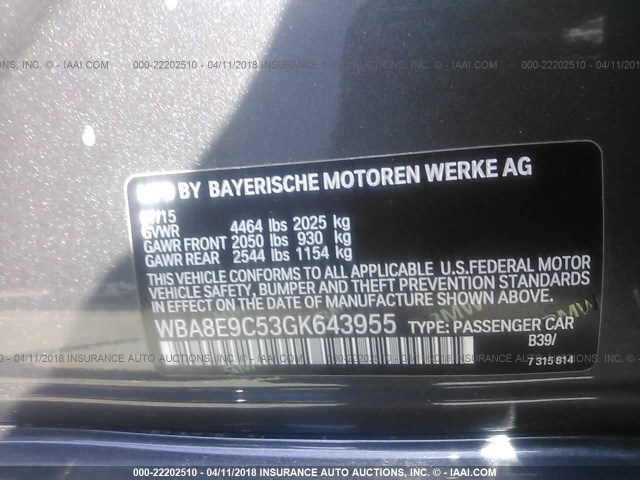 WBA8E9C53GK643955 - 2016 BMW 328 I SULEV GRAY photo 9