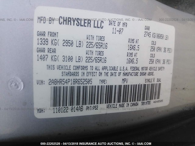 2A8HR54P18R652505 - 2008 CHRYSLER TOWN & COUNTRY TOURING SILVER photo 9